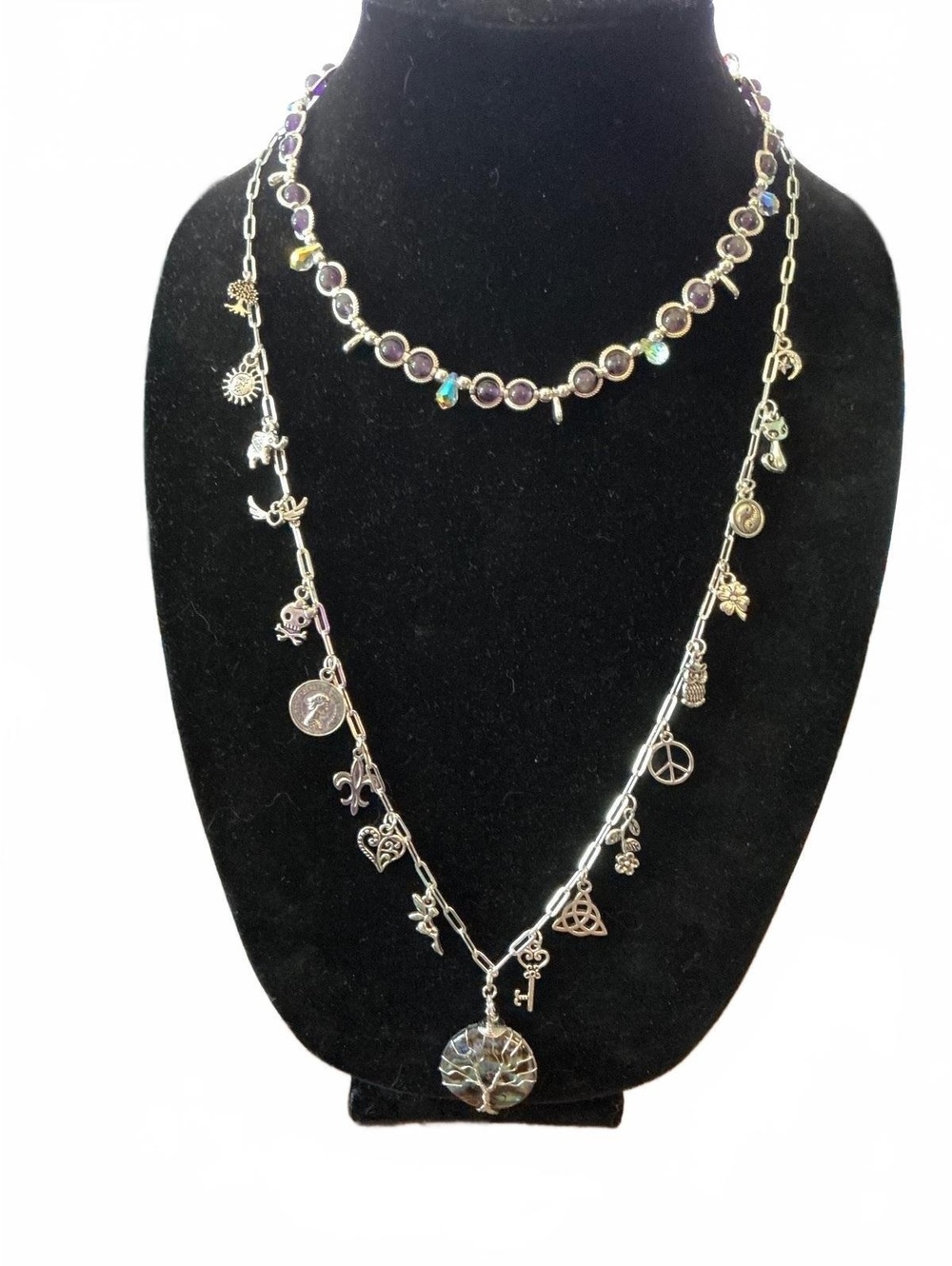 #H027 NWOT Handmade Amethyst, Swarovski Crystals, and stainless Necklace Duo